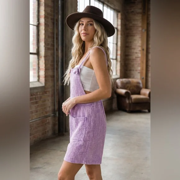 NWT Textured Gauze Washed Lavender Knot Strap Jumper Overalls Shortalls Romper - Picture 5 of 7